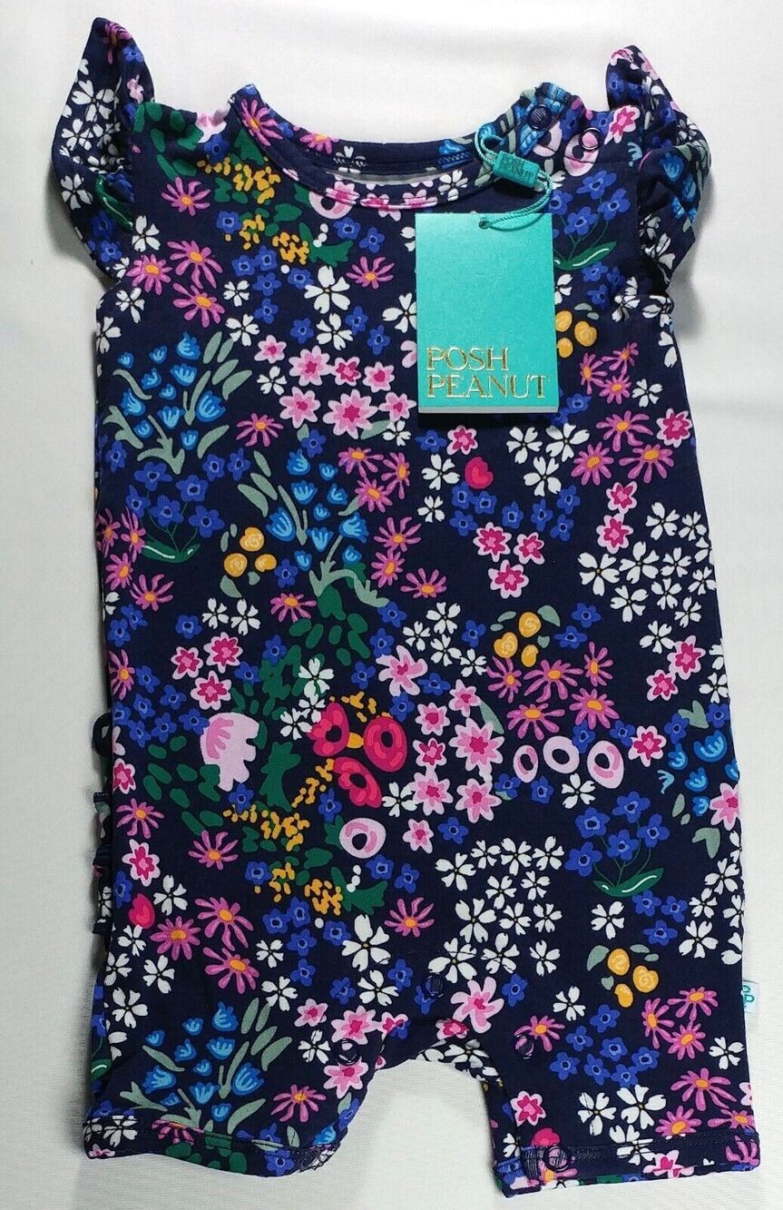 Posh Peanut Ruffled Cap Sleeve Short Length Romper 0-3 Months Endra Black Flower